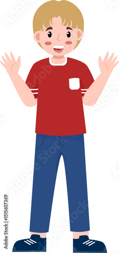 Cartoon Boy with Blonde Hair, Red Shirt, and Blue Jeans, Hands Up.
