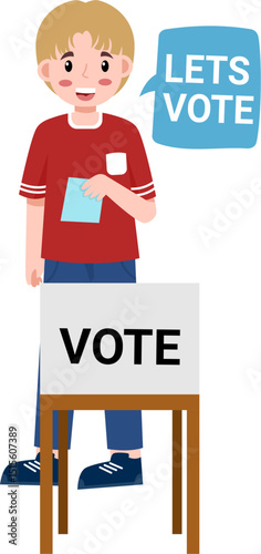 Cartoon Young Person Voting with "Lets Vote" Speech Bubble.