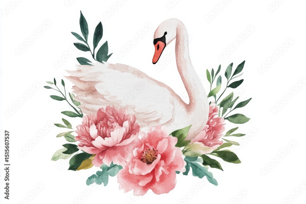 Fototapeta premium Watercolor Swan and Floral Bouquet Clipart on White Background