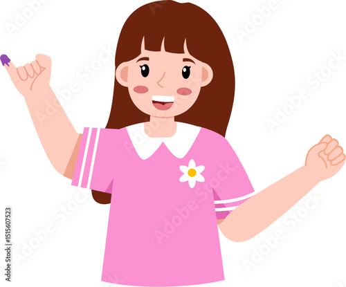 Girl with marked finger, voting concept, democracy symbol, election participation, cartoon character.