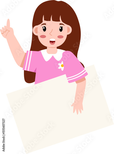 Girl Points Upward Behind a Blank Sign, Pink Dress, Daisy Detail.