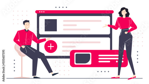 Woman explaining website interface to man, suitable for technology and business presentations, tutorials, online courses, and web design concepts.