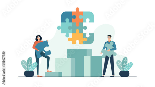 Two people holding puzzle pieces completing a larger puzzle, teamwork, cooperation, problem solving, strategy, collaboration, partnership, connection, success concept.