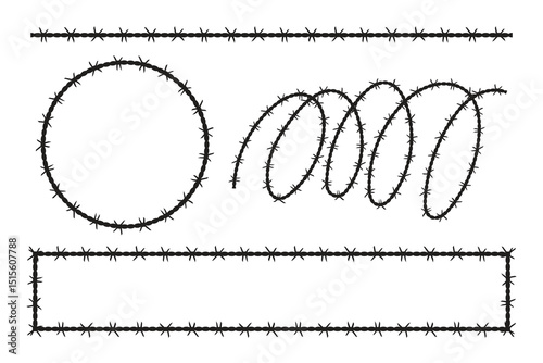Barbed wire elements against a white background, evoking sharp textures.