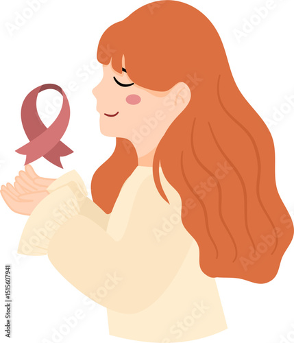 Red-haired girl gently presents a mauve ribbon, eyes closed in hopeful support.