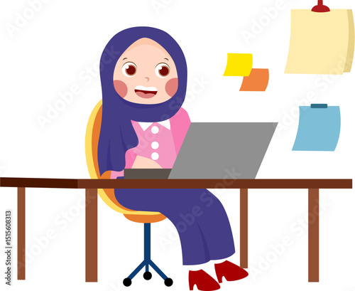 Smiling woman in hijab working at desk with laptop and sticky notes.