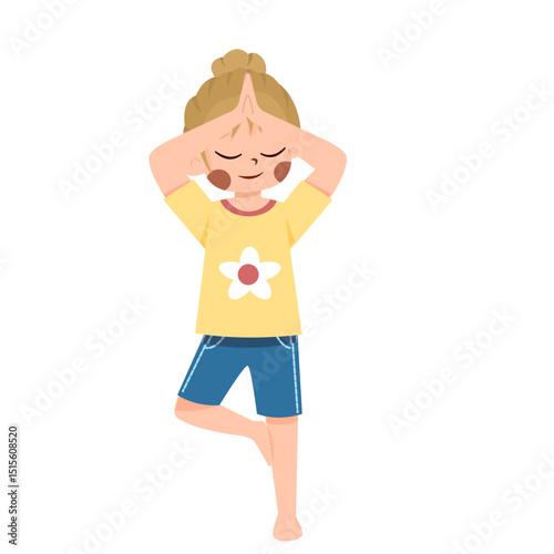 Girl in Tree Pose, Hands in Prayer, Simple Illustration, Yellow Shirt, Blue Shorts, Balance.