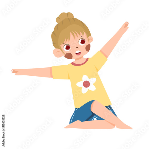 Blonde Girl in Yellow Flower Shirt, Arms Extended, Sitting Pose, Cartoon Illustration