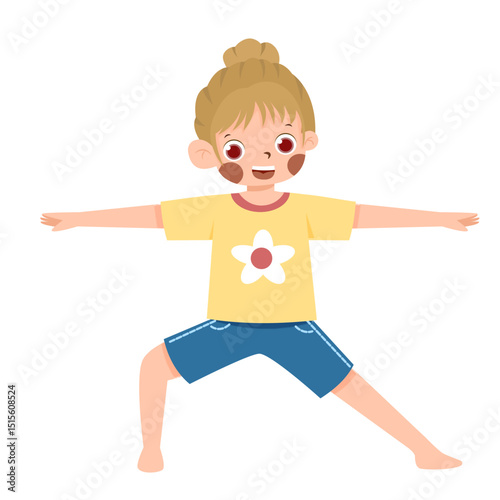 Cartoon Girl in Yoga Warrior Pose, Flower T-Shirt, Healthy Lifestyle.