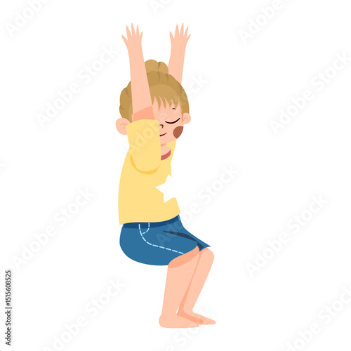 Distraught Girl Squatting, Covering Face, Reaching Upward, Cartoon Style.