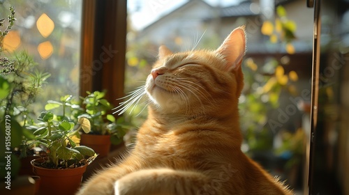 Contented ginger cat basking in sunlight near window plants with serene expression in cozy room home
