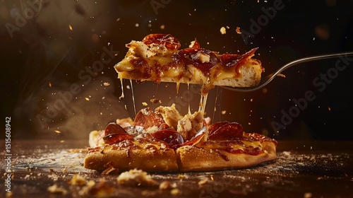 Pizza slice lifted by fork, dripping sauce, steam and spice