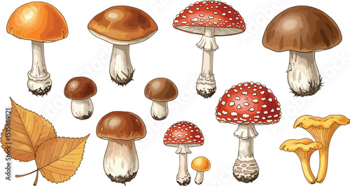 Watercolor Mushrooms Illustration. Boletus, chanterelle, fly agaric set. Hand painted Fungi Clipart on White Background