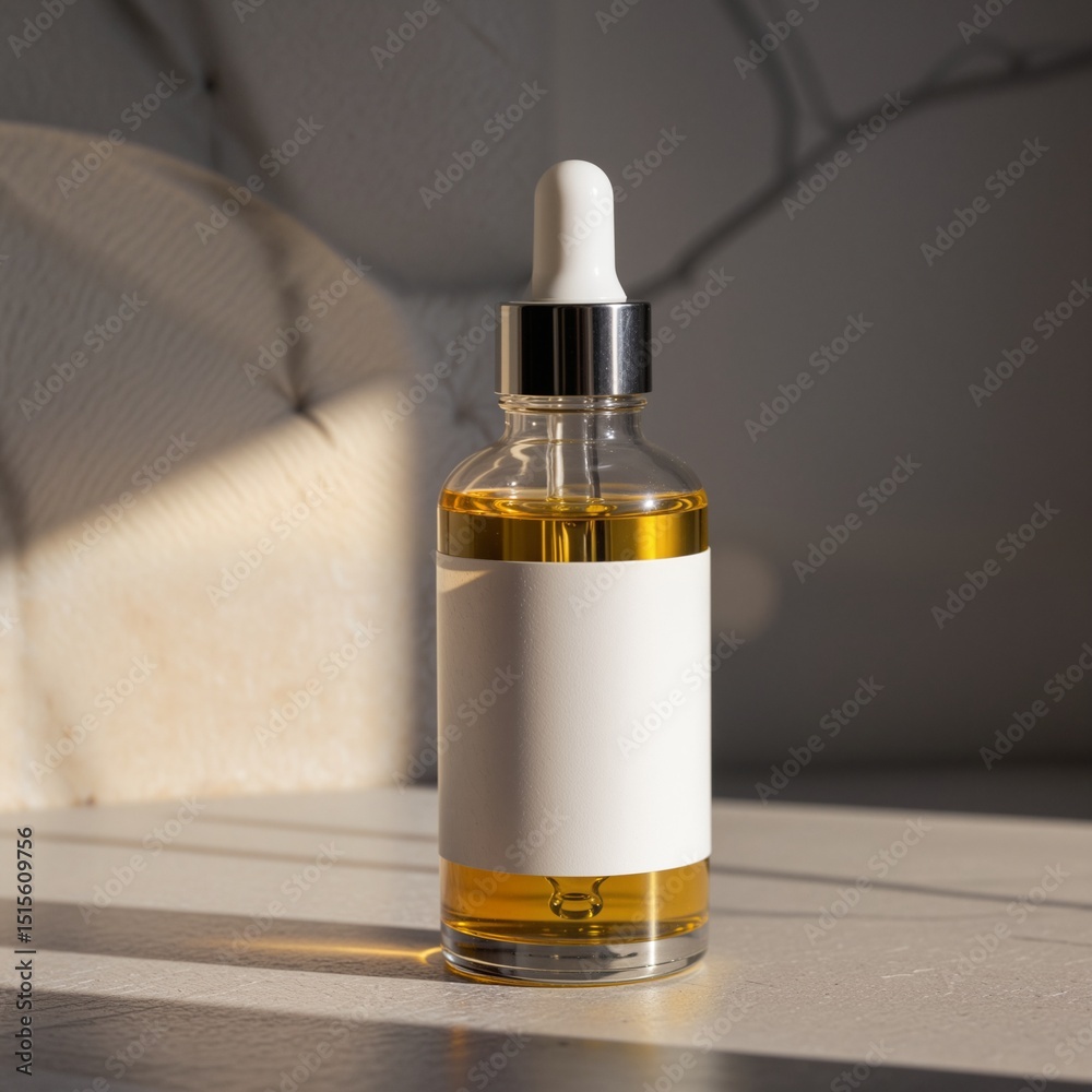 Naklejka premium Elegant Glass Dropper Bottle with Blank Label on Sunlit Table