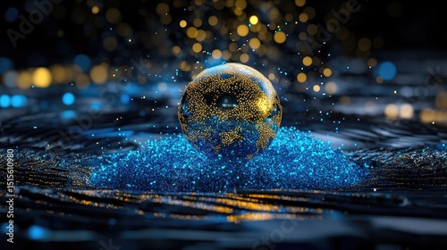 Dynamic orb of shimmering gold and blue dots in energy flow on futuristic digital field