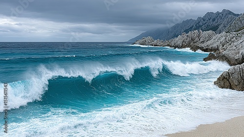 Powerful waves crash against a rocky shoreline. photo