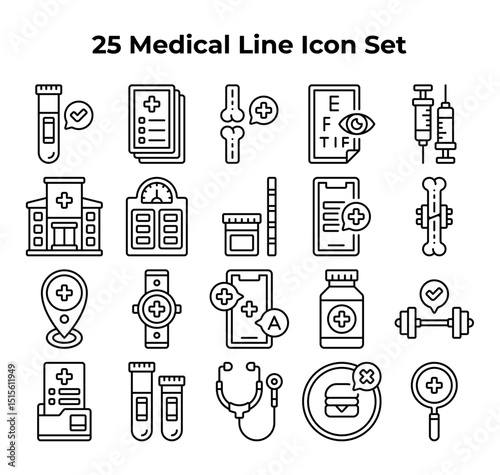 black line medical icons form a grid.