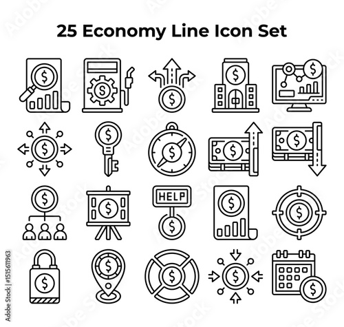 Twentyfive line icons depict various financial and economic concepts.