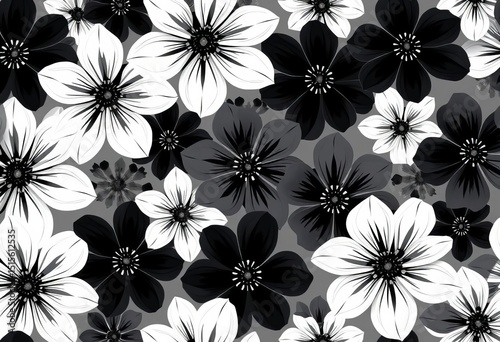 Seamless pattern of abstract black & white flowers, flowing seamlessly in a floral design,  surface,  floral