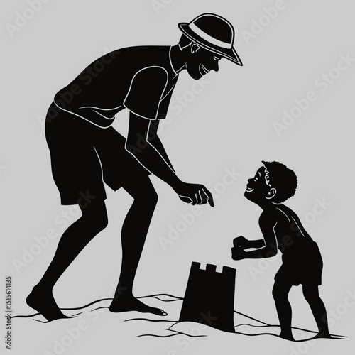 Dad and son building a sand castle silhouette vector design art and illustration
