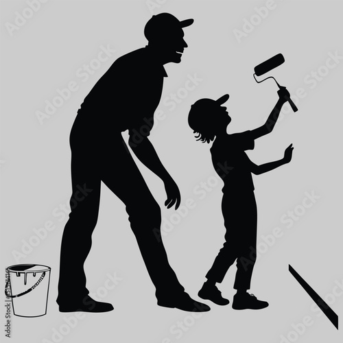 Dad and son painting a wall silhouette vector design art and illustration