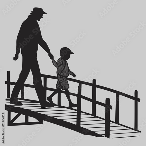 father and child crossing a wooden bridge silhouette vector design art and illustration
