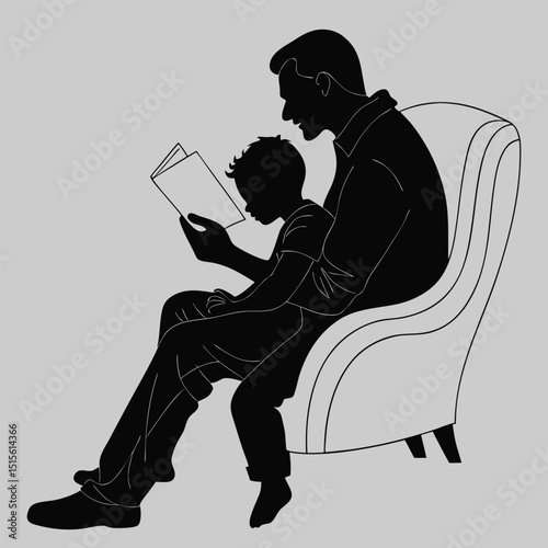 Father reading a bedtime story in the living room silhouette vector design art and illustration