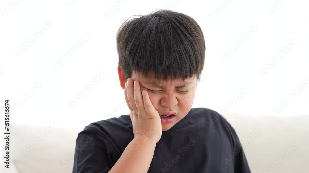 Young child experiencing toothache, tooth decay, childhood dental pain. The child facial expression, hand gently pressed against the cheek, dental care, children oral health, pediatric dental check-up Young child experiencing toothache, tooth decay, childhood dental pain. The child facial expression, hand gently pressed against the cheek, dental care, children oral health, pediatric dental check-up