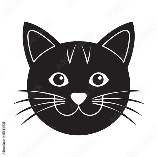 Adorable Black Cat Face Icon with Heart Nose and Whiskers