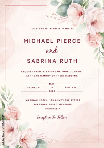 Hand drawn elegant beautiful floral wedding invitation card template 