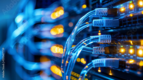 High tech server room with illuminated cables and network switches, showcasing advanced data management and connectivity