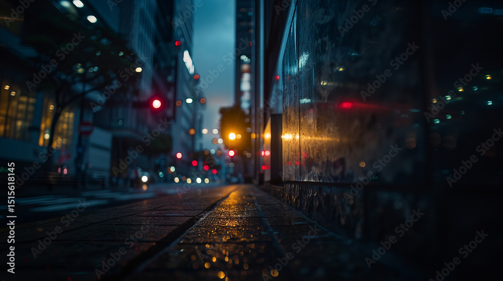 Fototapeta premium Rainy city street at dusk, showcasing reflections on wet pavement and glowing traffic lights, creating moody urban atmosphere