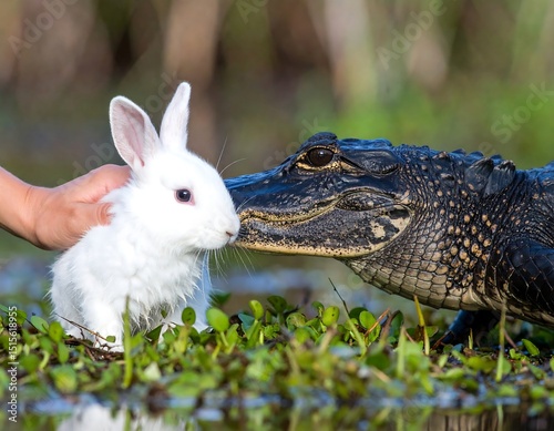 Rabbit and alligator in swamp