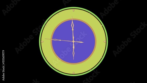 The watch face is yellow with blue green gold hands strokes numbers 6 o'clock hands in motion black screen. Computer graphics.
