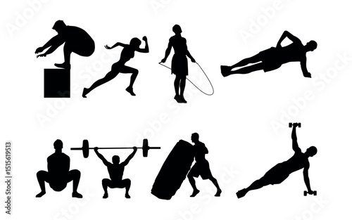 Set of Crossfit Silhouette in various poses isolated on white background

