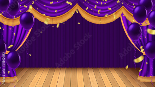 Abstract 3D vector  Purple curtains theater stage curtain and Wooden theater stage.spotlights and Movie night or showtime
