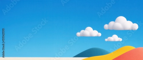 Vibrant Digital Landscape with Blue Sky, Colorful Hills, and Fluffy White Clouds in a Minimalist and Modern Style for Fresh Visual Appeal