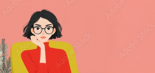 Thoughtful young woman in red turtleneck sweater sitting on a vibrant yellow chair against a soft pink background, conveying creativity and introspection