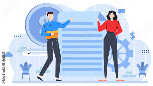 Two people inspecting a document together. Suitable for business presentations, teamwork concepts, collaboration in the workplace, and brainstorming sessions.