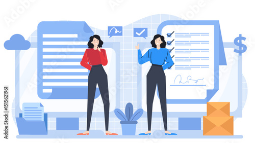 Two women next to a checklist and folder. Office work, organizing tasks, business collaboration, teamwork, planning, project management concepts.