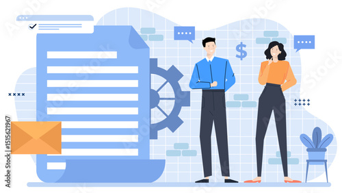 Two people by a large document. Presentation, teamwork, collaboration, business meeting, planning, strategy, partnership, analyzing data, report review, studying together.