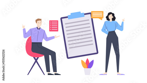 Two people discussing a checklist, suitable for presentations, business meetings, teamwork concepts, and project management visuals.