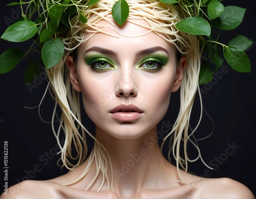 Woman with green leaves and noodles