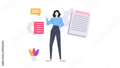 Woman near notepad and plant. Suitable for office, education, business, lifestyle concepts. Perfect for websites, blogs, social media.