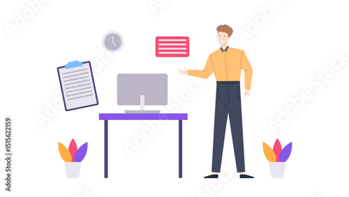 Man in yellow shirt at desk with computer and plants. Suitable for technology, office work, remote work, and modern lifestyle concepts.