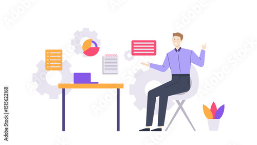 Man in chair points at task list for productivity or organization concept in office or work setting, suitable for business presentations.