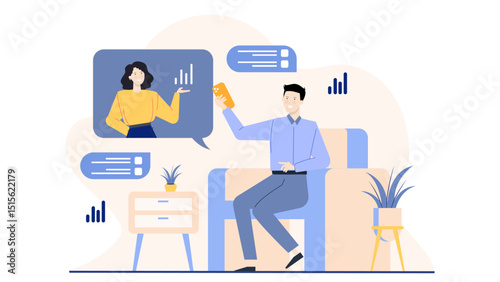 Man and woman video call. Communication, technology, work from home, remote collaboration, online meeting, virtual conference, modern business concept.