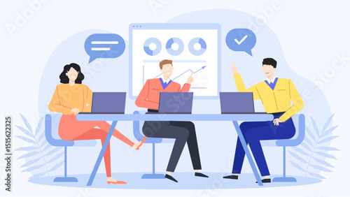 Three individuals discussing business ideas at a conference table. Suitable for business presentations, teamwork concepts, and corporate communication materials.
