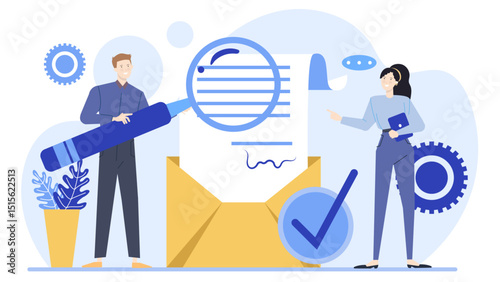 Two individuals reviewing a document with a checkmark, suitable for business presentations, teamwork concepts, office settings, and decision-making visuals.