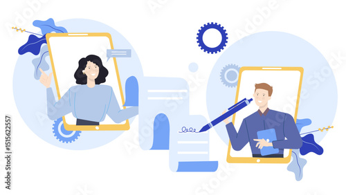 Woman and man signing a document online. Suitable for technology, remote work, digital contracts, online transactions, business agreements concepts.